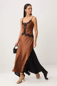 TRENDYOLMİLLA Brown Weaving Satin Lace Maxi Dress