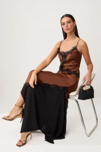 TRENDYOLMİLLA Brown Weaving Satin Lace Maxi Dress - Image 2