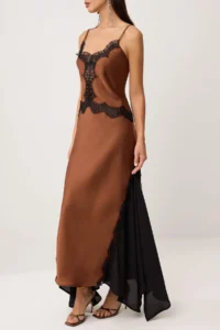 TRENDYOLMİLLA Brown Weaving Satin Lace Maxi Dress - Image 3