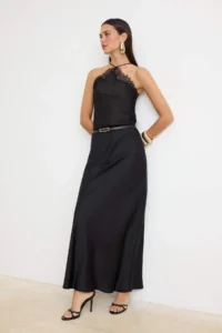 TRENDYOLMİLLA Black Plain Midi Weaving Satin Skirt - Image 2