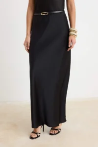 TRENDYOLMİLLA Black Plain Midi Weaving Satin Skirt - Image 3