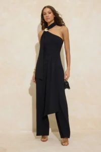 TRENDYOLMİLLA Black Accessory Detailed Asymmetric Yaka Weaving Jumpsuit
