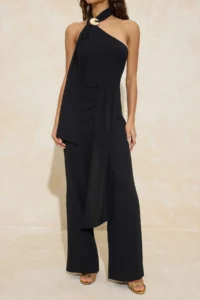 TRENDYOLMİLLA Black Accessory Detailed Asymmetric Yaka Weaving Jumpsuit - Image 3