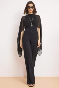 TRENDYOLMİLLA Black Scarf and Waist Detailed Weaving Jumpsuit