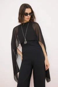 TRENDYOLMİLLA Black Scarf and Waist Detailed Weaving Jumpsuit - Image 2
