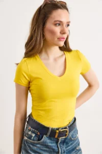 Olalook Women's Yellow Deep V Rock Lycra Cotton T-Shirt