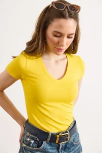 Olalook Women's Yellow Deep V Rock Lycra Cotton T-Shirt - Image 2