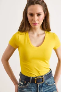 Olalook Women's Yellow Deep V Rock Lycra Cotton T-Shirt - Image 3
