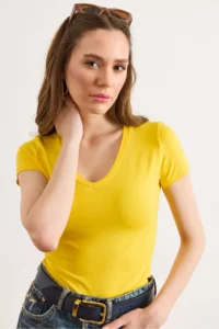 Olalook Women's Yellow Deep V Rock Lycra Cotton T-Shirt - Image 4