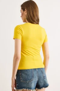 Olalook Women's Yellow Deep V Rock Lycra Cotton T-Shirt - Image 5