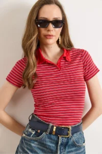 Olalook Women's Red Polo Neck Striped Crop T-Shirt