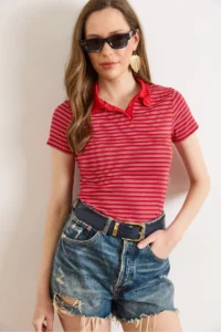 Olalook Women's Red Polo Neck Striped Crop T-Shirt - Image 2