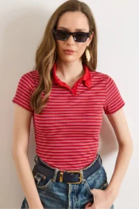 Olalook Women's Red Polo Neck Striped Crop T-Shirt - Image 3