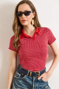 Olalook Women's Red Polo Neck Striped Crop T-Shirt - Image 4