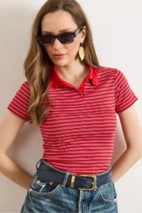 Olalook Women's Red Polo Neck Striped Crop T-Shirt - Image 5