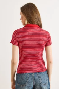 Olalook Women's Red Polo Neck Striped Crop T-Shirt - Image 6