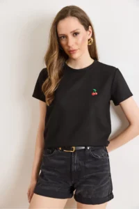 Olalook Women's Black Knitted Modal Cherry Embroidered Loose T-Shirt - Image 2