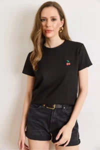 Olalook Women's Black Knitted Modal Cherry Embroidered Loose T-Shirt - Image 3