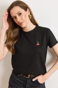 Olalook Women's Black Knitted Modal Cherry Embroidered Loose T-Shirt - Image 4