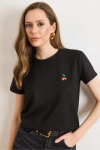 Olalook Women's Black Knitted Modal Cherry Embroidered Loose T-Shirt - Image 5