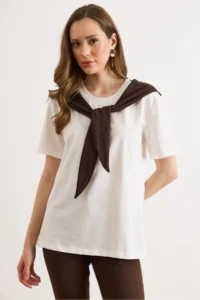 Olalook Women's White Brown Scarf Detailed Cotton T-Shirt - Image 2