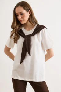 Olalook Women's White Brown Scarf Detailed Cotton T-Shirt - Image 3