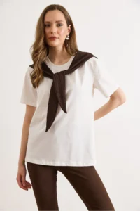 Olalook Women's White Brown Scarf Detailed Cotton T-Shirt - Image 4