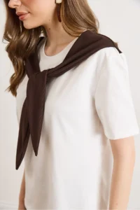 Olalook Women's White Brown Scarf Detailed Cotton T-Shirt - Image 5