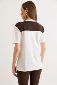 Olalook Women's White Brown Scarf Detailed Cotton T-Shirt - Image 6