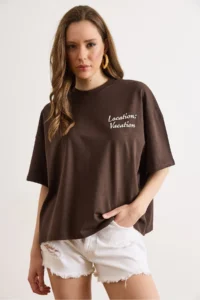 Olalook Women's Brown Front and Back Printed Oversize Cotton T-Shirt - Image 2