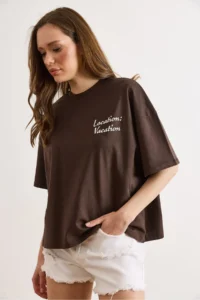 Olalook Women's Brown Front and Back Printed Oversize Cotton T-Shirt - Image 3