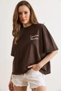 Olalook Women's Brown Front and Back Printed Oversize Cotton T-Shirt - Image 4