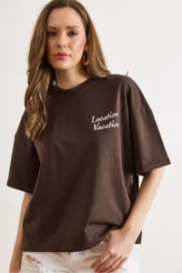 Olalook Women's Brown Front and Back Printed Oversize Cotton T-Shirt - Image 5