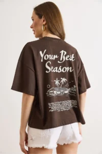 Olalook Women's Brown Front and Back Printed Oversize Cotton T-Shirt - Image 6
