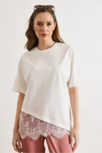 Olalook Women's White Asymmetric Lace Detailed Cotton T-Shirt - Image 2
