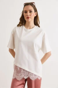 Olalook Women's White Asymmetric Lace Detailed Cotton T-Shirt - Image 3