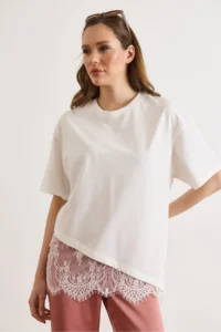 Olalook Women's White Asymmetric Lace Detailed Cotton T-Shirt - Image 4