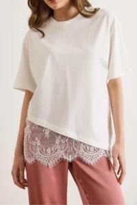 Olalook Women's White Asymmetric Lace Detailed Cotton T-Shirt - Image 5