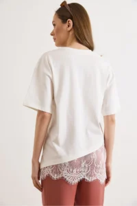 Olalook Women's White Asymmetric Lace Detailed Cotton T-Shirt - Image 6