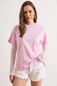 Olalook Women's Pink Sleeve Lace Detailed Cotton T-Shirt - Image 2