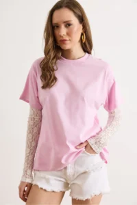 Olalook Women's Pink Sleeve Lace Detailed Cotton T-Shirt - Image 3