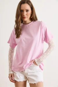 Olalook Women's Pink Sleeve Lace Detailed Cotton T-Shirt - Image 4