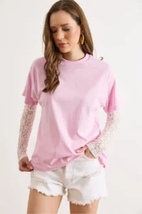 Olalook Women's Pink Sleeve Lace Detailed Cotton T-Shirt - Image 5