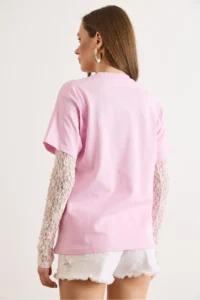 Olalook Women's Pink Sleeve Lace Detailed Cotton T-Shirt - Image 6