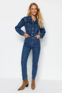 TRENDYOLMİLLA Indigo Stitching Detailed DENIM Jumpsuit