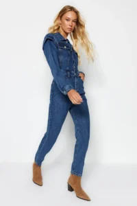 TRENDYOLMİLLA Indigo Stitching Detailed DENIM Jumpsuit - Image 2