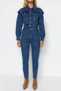 TRENDYOLMİLLA Indigo Stitching Detailed DENIM Jumpsuit - Image 4