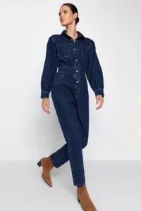 TRENDYOLMİLLA Navy Blue Balloon Kollu DENIM Jumpsuit