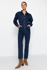 TRENDYOLMİLLA Navy Blue Balloon Kollu DENIM Jumpsuit - Image 2