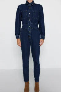 TRENDYOLMİLLA Navy Blue Balloon Kollu DENIM Jumpsuit - Image 4